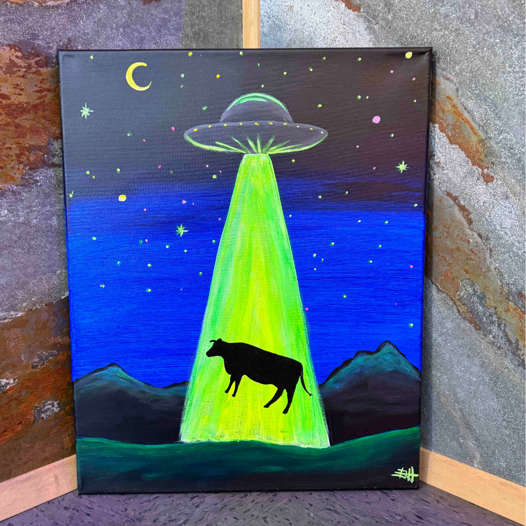 UFO Cow Abduction Bottle & Brush Art Bar
